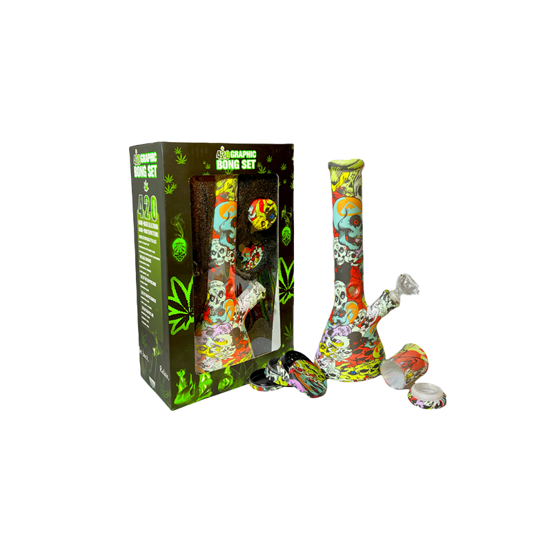 Buy 420 Graphic Glass Bong Set 14"+ 50mm 4Part Grinder + Stash Jar- OSH114 - GS1194 | Express Highs UK