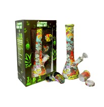 420 Graphic Glass Bong Set 14"+ 50mm 4Part Grinder + Stash Jar- OSH114 - GS1194